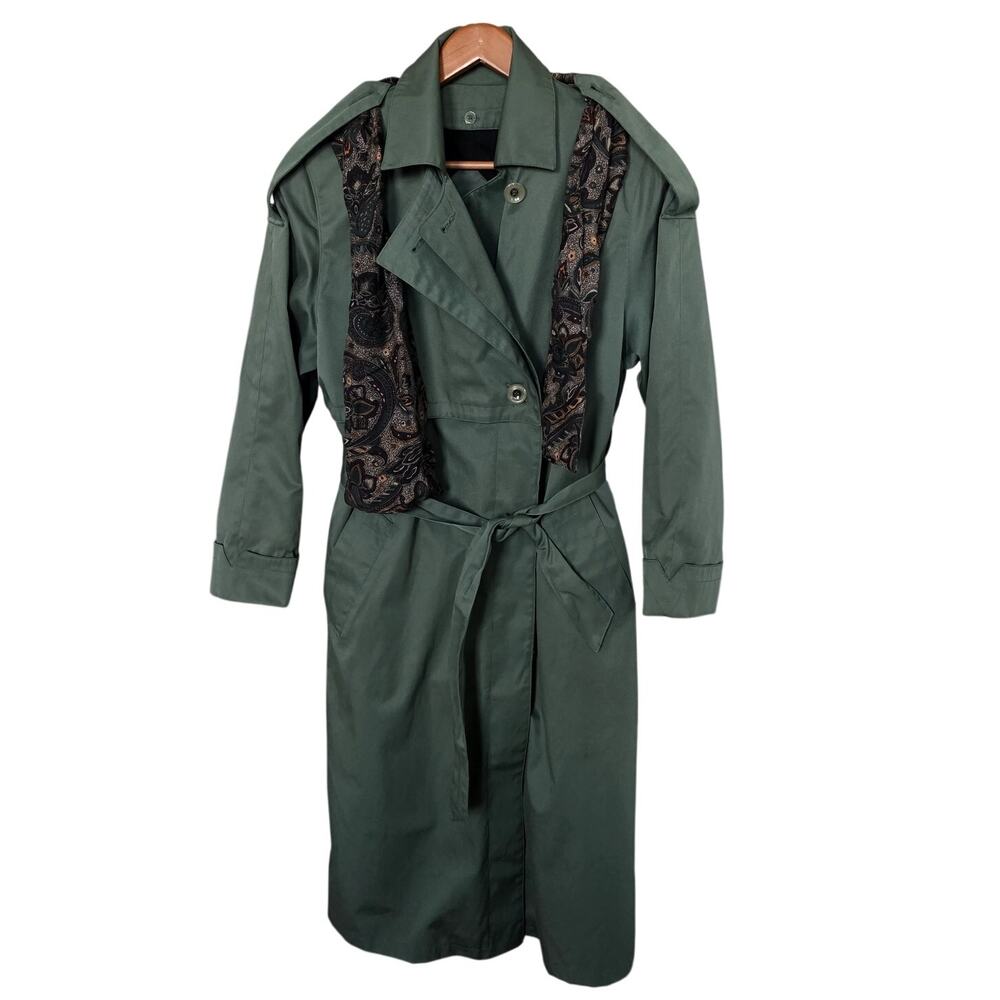 New York Harbor Womens Green Trench Coat Floral Scarf Size 10